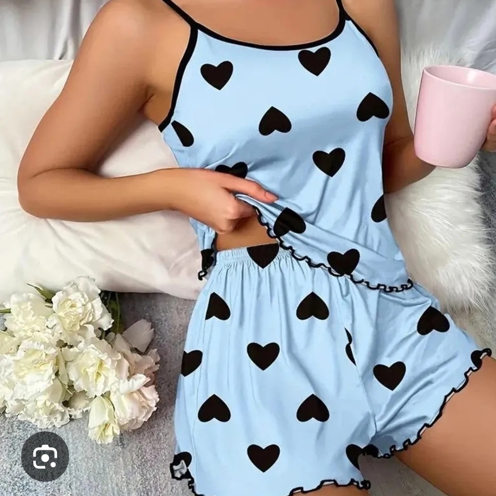 Source Unknown Blue and Black Heart Print Pajama Set